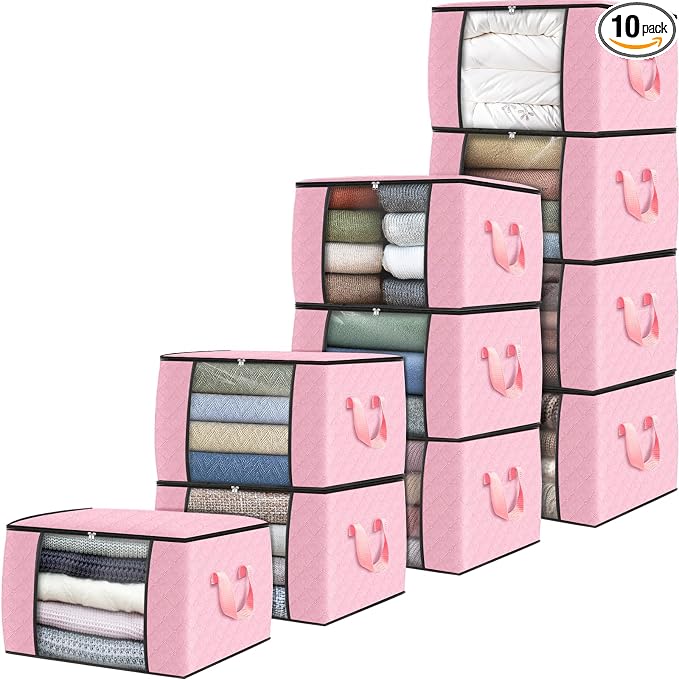 10 Pack Storage Bags for Clothes Blanket Storage Bins with Lids | Foldable Closet Organizers with Zippers,Window and Handles,Fabric Storage Bins for Sweater,Comforter,Bedding,Dorm essentials