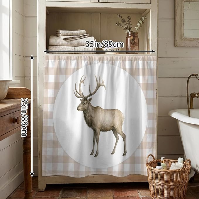 Majestic Buck Cabinet Dishwasher Hidden Curtains, Privacy Closet Door Curtain, Modern Natural Buck Rustic Farmhouse Plaid Adhesive Dust Proof Under Sink Skirt for Bathroom Kitchen 35"x35"