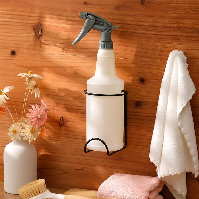 CroBlissful 4 Pcs Spray Bottle Holders Wall Mount Heavy Duty Rack, Black | Metal Rack for Garage Laundry Workshop, Includes Mounting Hardware, Space Saving Storage Organizer, Holds Bottles Securely
