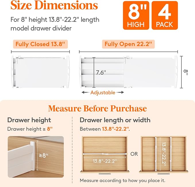 Lifewit 8" Tall Drawer Dividers, Adjustable Deep Drawer Organizer Clothes | 4 Pack 13.8"-22.2" Expandable White Plastic Separators for Dresser, Kitchen, Cabinet, Closet, Office Organization & Storage