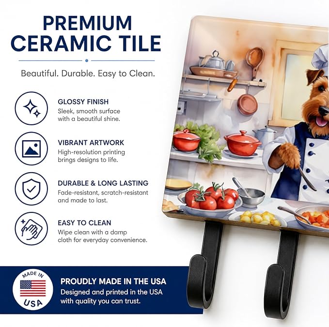 Caroline's Treasures Welsh Terrier The Chef Leash or Key Holder Wall Hooks, Key Hooks Holder, Coat Rack Wall Mount, Coat Hooks, Hooks for Hanging Keys, Towels, Aprons, Leashes | Welsh Terrier The Chef artwork on ceramic tile with three steel hooks for ...