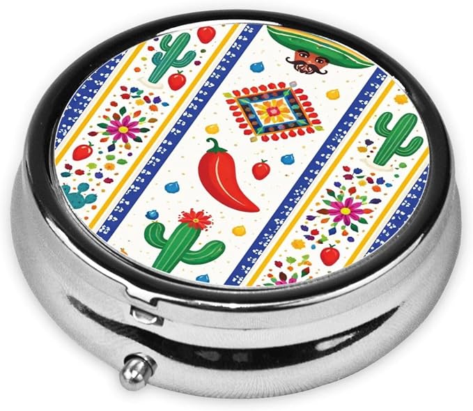 Colorful Mexican Stripe Pepper Portable Pill Organizer | 3 Compartment, With Mirror, For Men Women, For Daily Supplements, Vitamins, Fish Oil, Jewelry, Candy, Travel