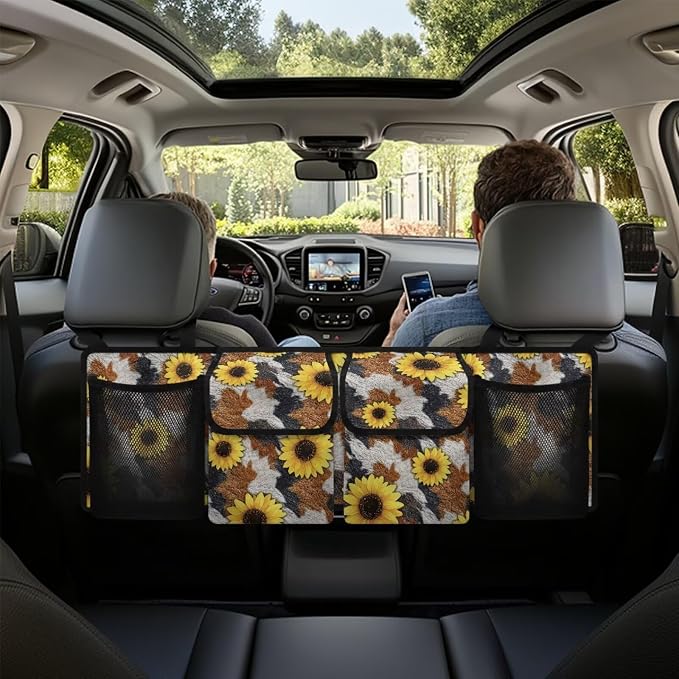 Cow Print Car Trunk Organizer Sunflower Back Seat Car Organizer Dust-Proof Heavy-Duty Trunk Storage with Adjustable Straps