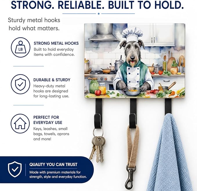 Caroline's Treasures Irish Wolfhound The Chef Leash or Key Holder Wall Hooks, Key Hooks Holder, Coat Rack Wall Mount, Coat Hooks, Hooks for Hanging Keys, Towels, Aprons, Leashes | Irish Wolfhound The Chef artwork on ceramic tile with three steel hooks ...