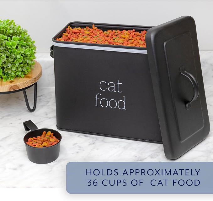 AuldHome Design Farmhouse Cat Food Container (Black) Enamel Look Rustic Cat Food Bin with Scoop