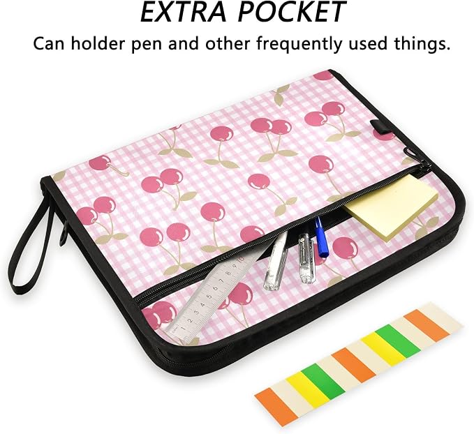 Cute Pink Cherry Berries Checkered File Organizer 13 Pocket Expanding File Folder with Front Pouch Portable Business Fire Storage Document Organizer Folder with Zipper