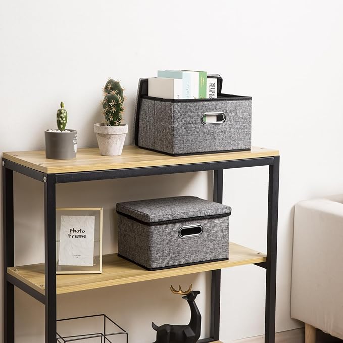Storage Bins with Lids [3-Pack] Linen Fabric Foldable Storage Boxes Organizer Containers Baskets Cube with Cover for Home Bedroom Closet Office Nursery Grey（11.4X8.6X6.7