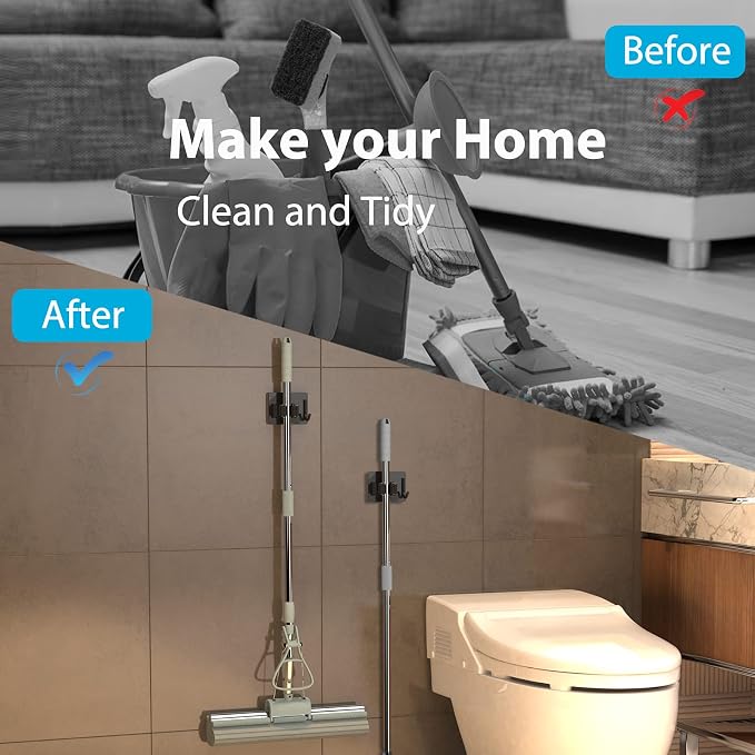 homeasy Broom Holder Wall Mount 6Pcs, Self Adhesive Mop Broom Hanger Black | Self adhesive stainless steel broom organizer with 4 hooks, holds mops, brooms and garden tools without drilling
