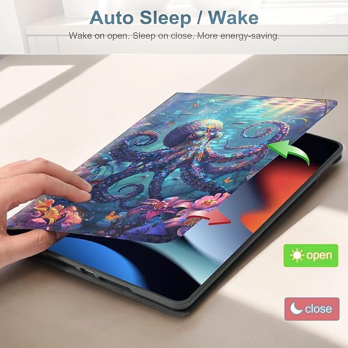 for Samsung Galaxy Tab A9 8.7 Inch 2023 (SM-X110/X115/X117) Tablet Protective Cover with Adjustable Stand and Magnetic Auto Wake/Sleep,Colorful Octopus