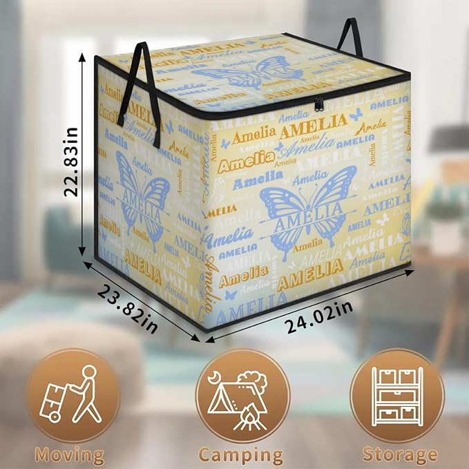Personalized Storage Bins with Lid, Customized Name Jumbo Storage Basket Rectangle Clothes Organizer for Organizing Kids and Pets Toys Shelf Closet, Gradient Yellow Blue Butterflies
