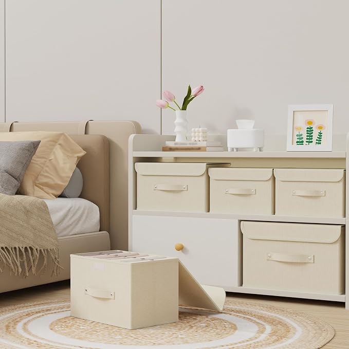 Cloth Storage Baskets with Handles,Beige 13x9.1x7.9in,1 Pack | Storage Boxes with Flip-Top Lids,Washable PP Panel Cube Drawer Organizers,Collapsible Underwear Divider Bins for Home