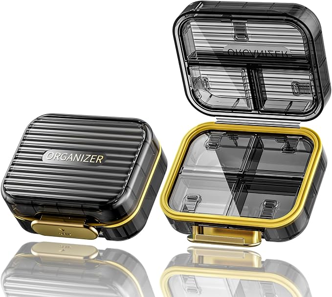 Acedada Travel Pill Case, Small Pill Box for Purse, Black | Portable Daily Pill Container, Compact Moistureproof 7 Compartments Pill Organizer, Medicine Holder for Vitamins Fish Oils