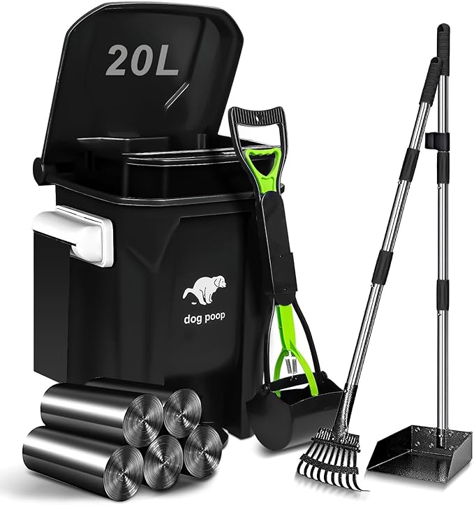 Dog Poop Trash Can Outside - 20L/5Gal Dog Poop Scooper Set, Black | Outdoor Trash Can with Lid and Removable Inner Bin,Dog Waste Trash Can with 100 Bags & Storage Box and Metal Rake & Tray
