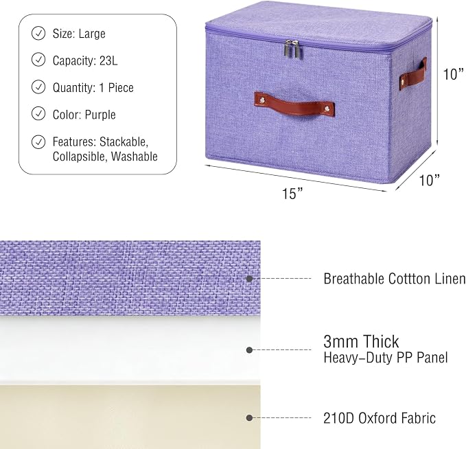 Storage Bin Box with Zippered Lid Decorative Collapsible Basket | Cotton Linen Fabric, Washable Foldable Stackable Cloth Container, Closet Shelf Organizer w/ PU Leather Handles, Purple-Large
