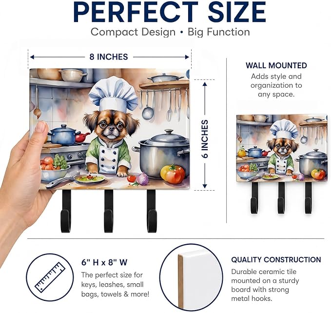 Caroline's Treasures Tibetan Spaniel The Chef Leash or Key Holder Wall Hooks, Key Hooks Holder, Coat Rack Wall Mount, Coat Hooks, Hooks for Hanging Keys, Towels, Aprons, Leashes | Tibetan Spaniel The Chef artwork on ceramic tile with three steel hooks ...