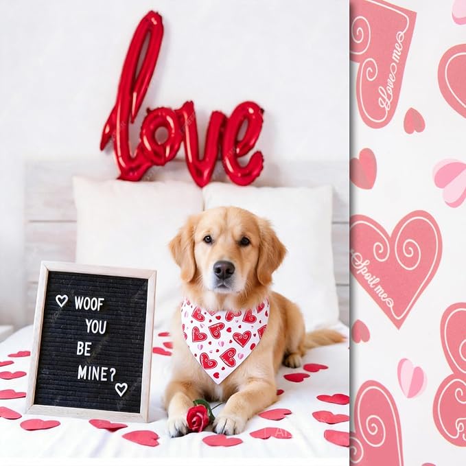 Valentine’s Day Dog Bandanas - Romantic Heart with Love Phrase Print Design - Holiday Pet Gifts Adjustable Snap Button Scarf for Small & Medium Breeds (5-30lbs)