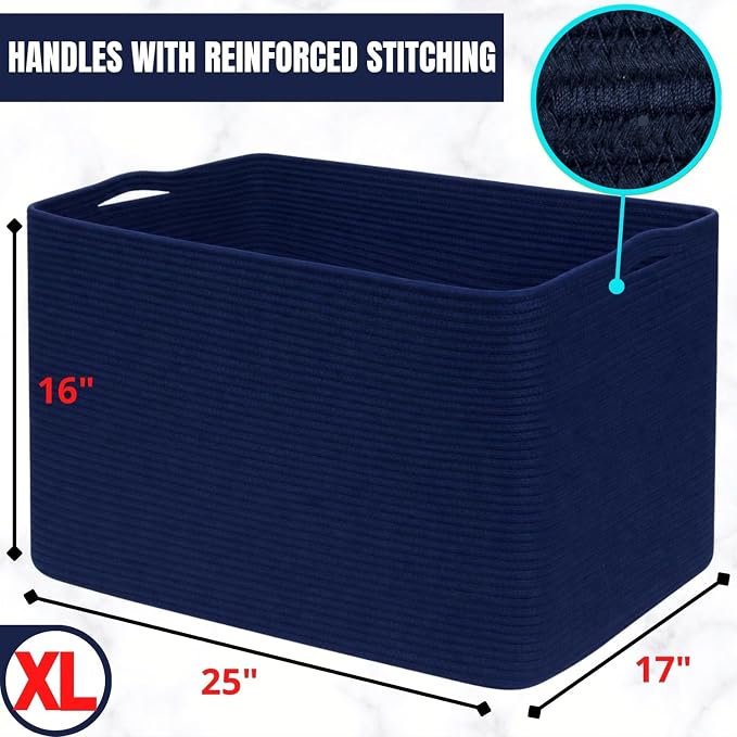 112L Extra Large Blanket Basket Holder Living Room, 25"x17"x16" Rectangle Rope Woven Storage Basket with Handles for Laundry, Towels, Shoes, Dog Toy Organizer Bin Box, Full Navy