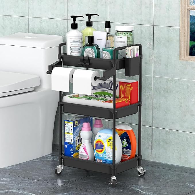 SPACEKEEPER Rolling Storage Cart, 3 Tier Utility Cart for Bathroom, Black | Rolling Cart with Lockable Wheels, Towel Rack, Hooks & Cup for Laundry Room,Kitchen,Office, Snack,Craft,Art,Makeup,Nail,Toys