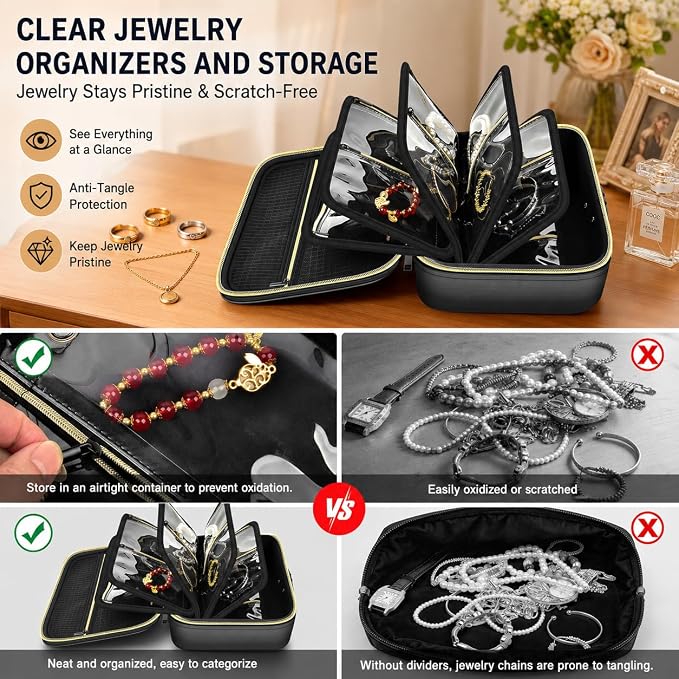Fireproof Travel Jewelry Organizer Case with Lock & 6 Binder Pages | Silicone-Coated Fiberglass, Tangle-Reducing Layout，Clear Storage Book for Necklaces, Earrings, Rings & Bracelets-Bag Only