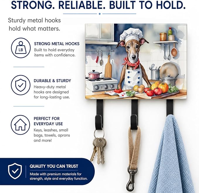 Caroline's Treasures Greyhound The Chef Leash or Key Holder Wall Hooks, Key Hooks Holder, Coat Rack Wall Mount, Coat Hooks, Hooks for Hanging Keys, Towels, Aprons, Leashes | Greyhound The Chef artwork on ceramic tile with three steel hooks for keys, le...