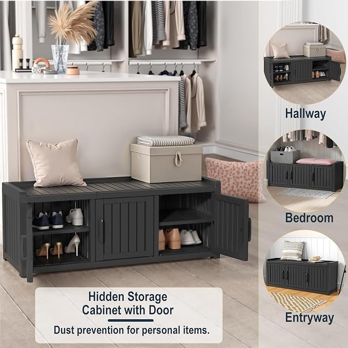 ROJIK Shoe Cabinet Waterproof UV-Resistant,Storage Bench Indoor Outdoor with Adjustable Shelves,for Entryway Bedroom,Hallway,Living Room(3 Door, Black)