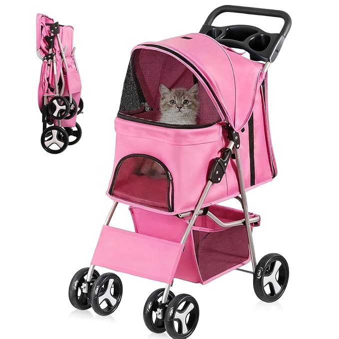 ZENY Foldable Pet Stroller, Cat/Dog Stroller with 4 Wheels | Pet Travel Carrier Strolling Cart with Storage Basket, Cup Holder (Pink)