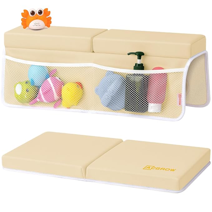 Bath Kneeler and Elbow Rest Pad Set, 1.5” Thick Bathtub Kneeling Mat | Cozy Memory Foam, Non-Slip 6 Suction Cups and 4 Toys Organizer Pockets, Quick-Dry Bath Kneeling Pad for Babies Toddlers