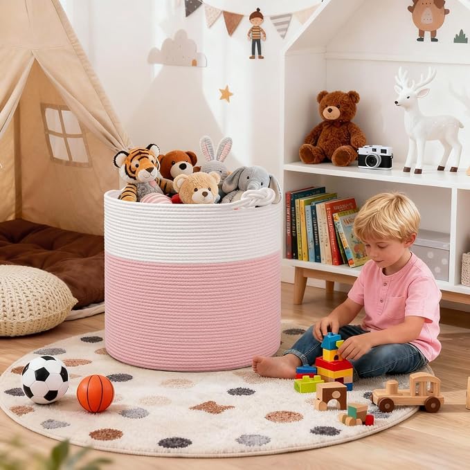 Goodpick 17"x16" Toy Storage for Kids, Home Décor Living Room, Decorative Blanket Basket for Girls Bedroom, Baby Laundry Basket With Handles, White & Pink