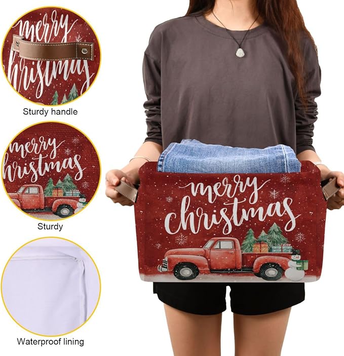 Christmas Red Snowman Truck Print Rectangular Storage Bin Basket with Handles - Laundry Storage Basket Organizer Bins for Pets Room Books Closet