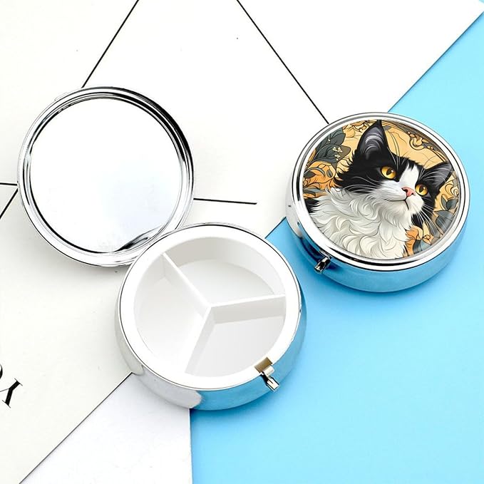 Cat Metal Round Pill Box, 3 Compartment Travel Organizer, Portable Pill Container with Secure Latch, 2 Inch Circular Vitamin Caddy for Pills and Vitamins, Gift for Him Her Elderly