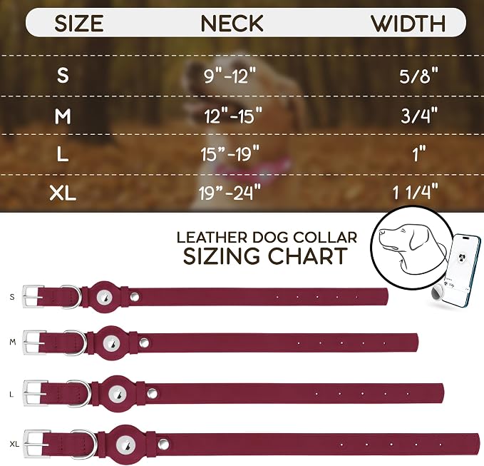 Leather Dog Collar with Airtag Holder - Apple Air Tag Dog Collars - Soft Tracking GPS Pet Collar for Small Medium Large Dogs Breed Puppy (Burgundy, S, 9"-12" Neck Fit)