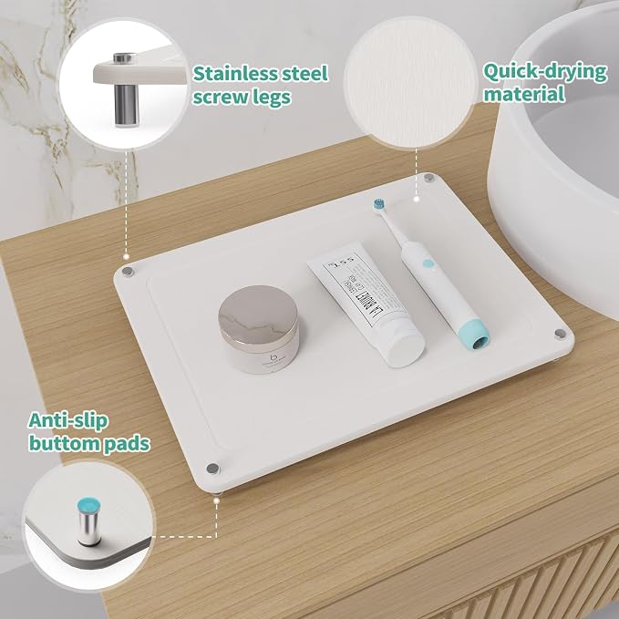Dish Drying Stone, Water Absorbing Stone Dish Drying Mats for Kitchen Counter, Non-Slip Stone Drying Sink Tray Pad for Dish Bottles Cups, Diatomaceous Earth Sink Caddy Organizer, White