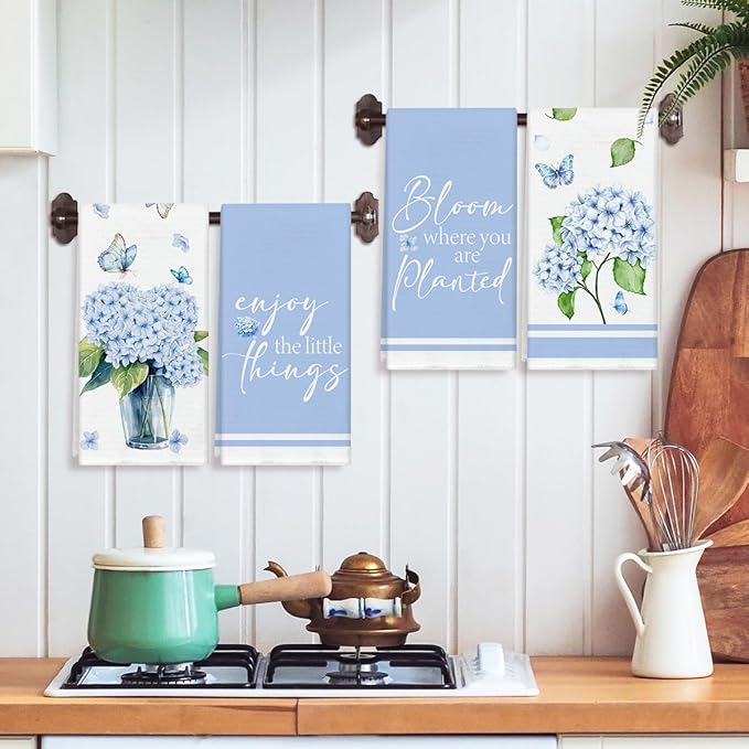 Hydrangea Blue Kitchen Towels and Dishcloths Set of 4, Sweet Home Decorative Hand Towel Drying Cloth for Bathroom Baking, Housewarming Gift for Hostess, Women, 16x24 Inches -08