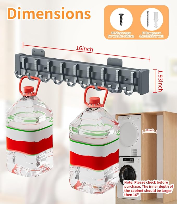 Pull Out Broom Holder With 9 Adjustable Row Sliding Hook-Dark Grey 16.14in | High Load Capacity, Multifunctional Slide Broom And Mop Storage/Organizer Garage Organization Hook, for Closet Laundry Garage