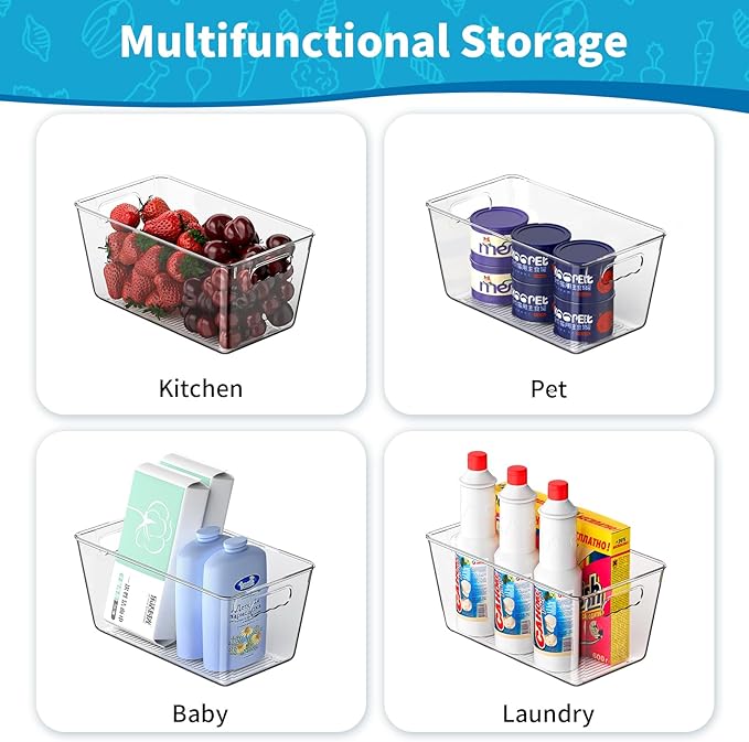 Clear Fridge Organizer Bins with Handles, 6 Pack 9.5×5×4.5 Inch | Clear storage bins with handles, food organizer basket for kitchen, fridge, freezer and bedrooms