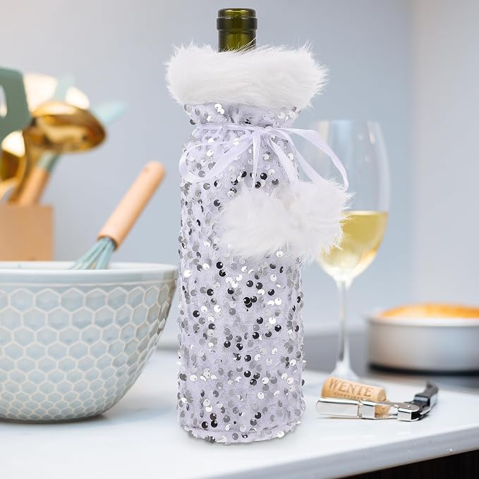TEHAUX Wine for Bag Bottle Cover with Plush Silver and Christmas Pet Material Protective Drawstring Bottle Bag and Decoration Holiday Coffee Shop and Home Use