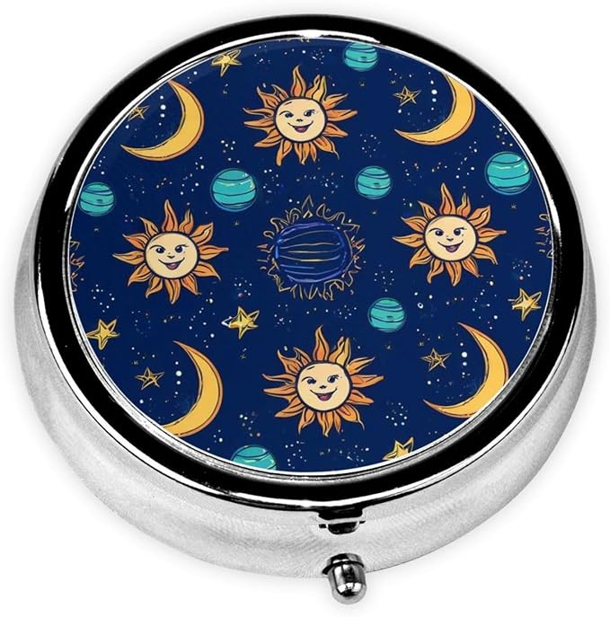 Mini Pill Organizer, Vintage Astrology Star Trippy Sun Moon Round Compact Dispenser, Portable Holder for Fish Oil, Travel Pill Box Purse Use for Students