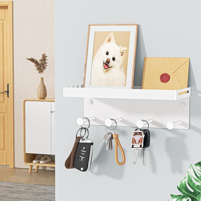 Dog Leash Holder for Wall, Key Holder Wall Mount, Metal Dog Leash Hooks, Pet Stuff Storage Shelf for Leash Hanger, Entryway Organizer Key Rack for Pet Collar, Treats, Toys, Mail (White)