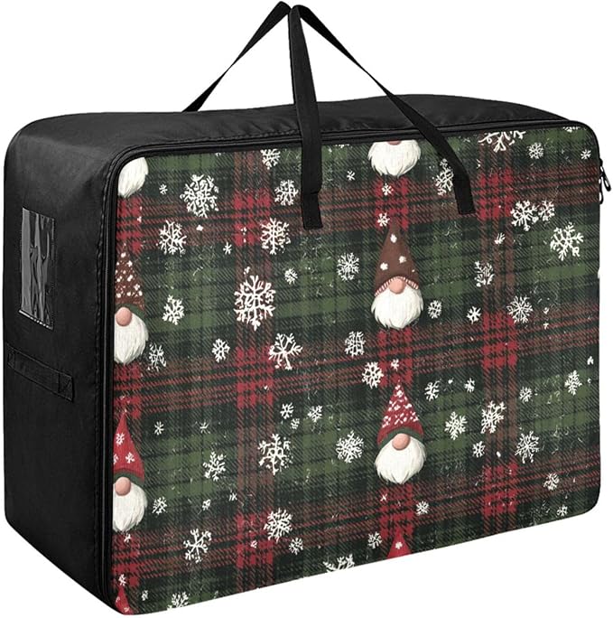 Comforter Storage Bags Large Folding Blanket Organizer Bag with Strong Handles Clear Window Closet Storage Containers for Clothes King Queen Pillows Bedding Quilt Duvet Christmas Gingham Gnome