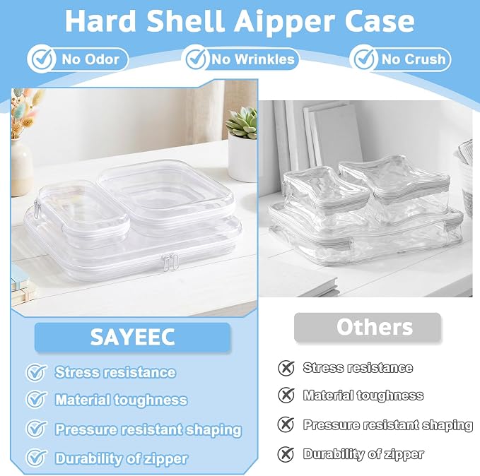 SAYEEC 3 Pack Clear Hard Shell Zipper Case Clear Pencil Case Travel Makeup Bag Rigid Toiletry Bag Organizer Portable Cosmetic Bags Plastic Zipper Pouches for Office Tech Art Supplies Storage (L, M, S)