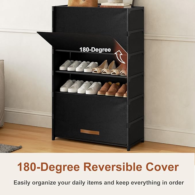7 Tier Shoe Cabinet with Door, 28-Pair Storage, Black | Tall Design Saves Floor Space, Door Blocks Dust & Pets, Holds Heels to Boots, Quick Assembly with Connectors