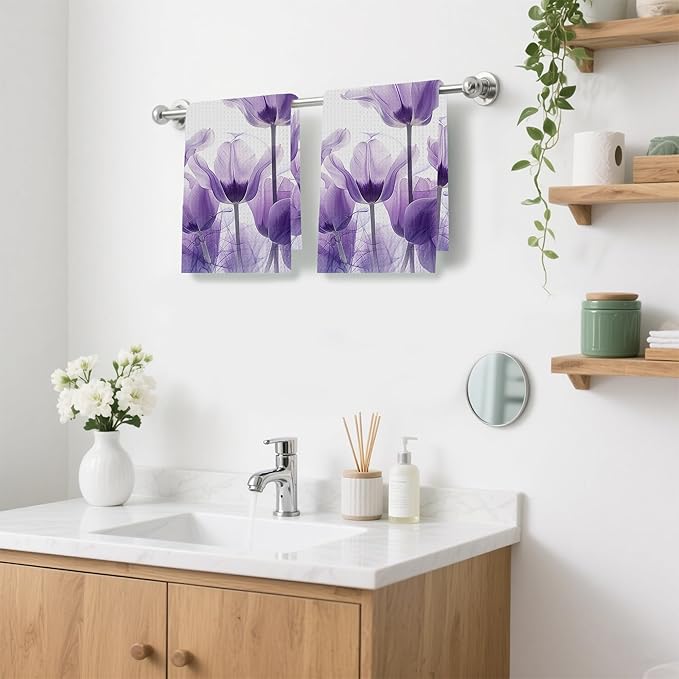 Purple Tulips Butterfly Floral Hand Towels,Set of 2 Absorbent Bath Towel Kitchen Dish Towel Home Gym Hotel Bathroom Decor,16x24 Inches
