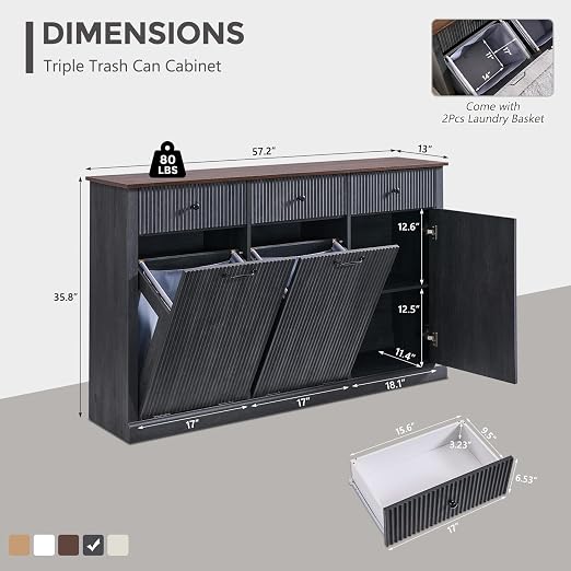 IFGET Triple Tilt Out Trash Can Cabinet, Modern Fluted Laundry Hamper Cabinet with 3 Drawers, 20 Gallon Hidden Wooden Garbage Can Cabinet w/Storage Basket & Adjustable Shelf, for Kitchen, Grey