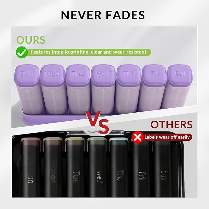 KOVIUU Weekly Pill Organizer 3X a Day, Large Daily 7-Day Pill Box, Purple | Detachable Pill Case with 3 Compartments | Travel Pill Container Holder for Vitamins, Supplements, Medications | BPA-Free