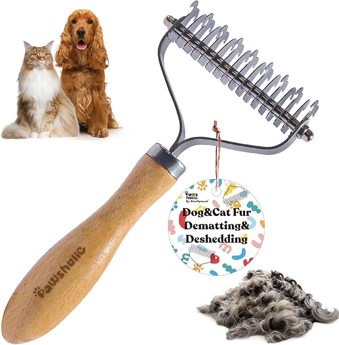 Undercoat Rake for Dogs - Professional Pet Shedding Dematting Comb with Wood Handle, Stainless Steel Blades for Pet Cats Dogs Matted Hair Tangles Removing
