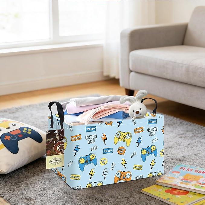 Rectangle Foldable Storage Basket Handles For Home, Color Game | Waterproof canvas material, reinforced handles, perfect for shelf use, organizes clothes, daily items and pet supplies