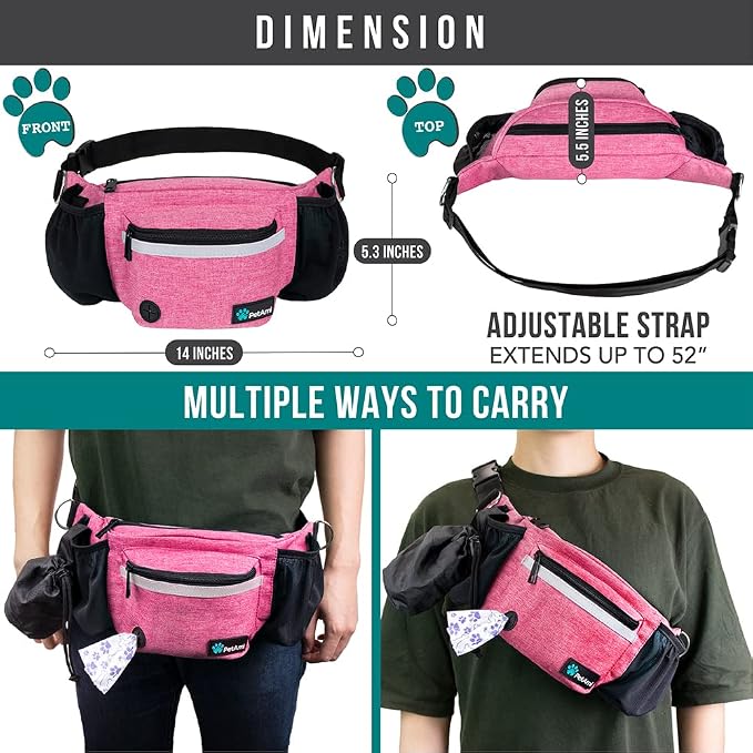 PetAmi Dog Fanny Pack, Treat Pouch for Dog Walking Training, Pink | Built in Poop Bag Dispenser, Water Bottle Holder, Collapsible Bowl, Pet Treat Waist Belt for Hiking Running Kibbles