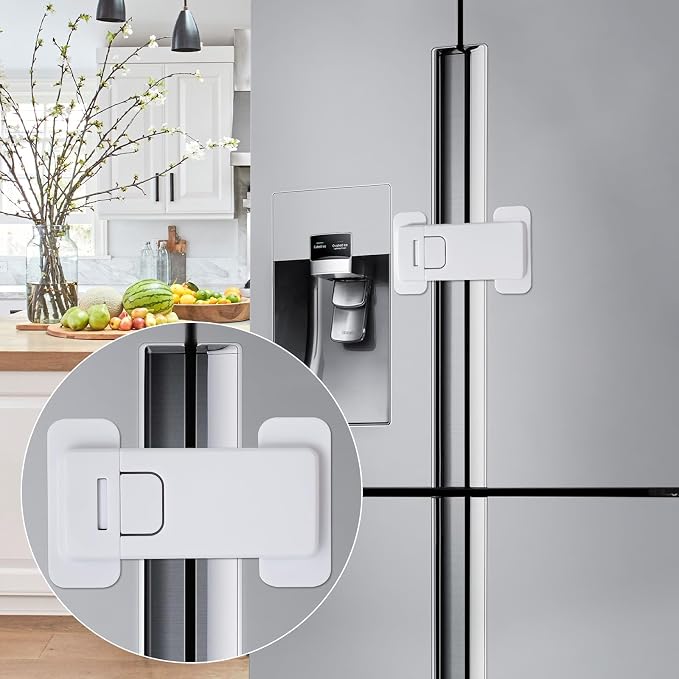 French Fridge Locks for Kids, 1 Pack Baby Safety Refrigerator Lock, Pet/Child Proof Freezer Latch, Cabinet Cupboard Lock with 3M Adhesive, Tool-Free, Drill-Free Install (Pearl White)