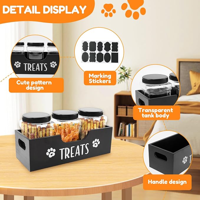 Dog Treat Container, Wood Dog Treat Holder with 3 Plastic Jar and Lid, Multifunctional Pet Food Organizer for Home Living Room Kitchen