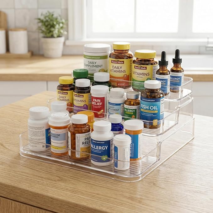 Medicine Cabinet Organizer 3 Tier Plastic Spice Organization for Cabinet Vitamin Organizer Countertop Step Shelf Makeup Organizer Countertop for Bathroom Kitchen Pantry Home Storage